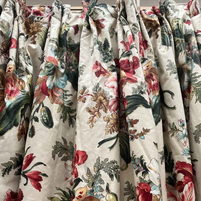 Zoffany Orchid, cream with reds/blues orchid flowers & leaves, glazed cotton, lined I/L, pinch pleats3487a