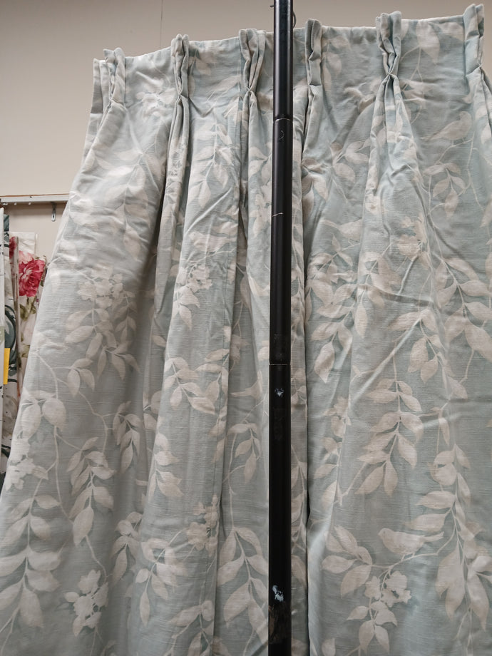 Duck egg b/g with cream leaves & birds, bonded lining, 3766f
