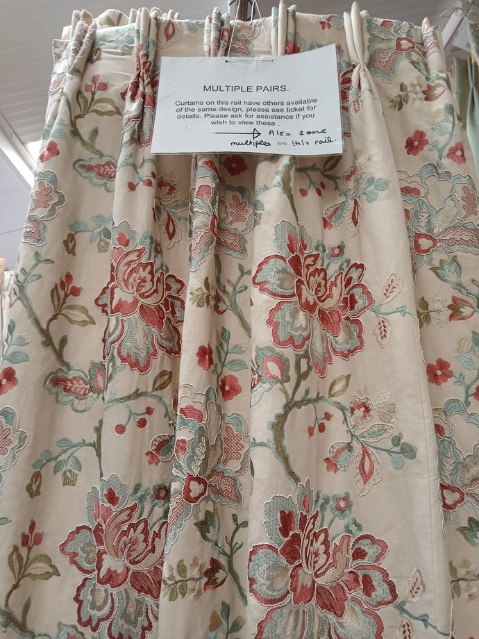 Sanderson, cream with pink & aqua embroidered flowers, lined & I/L, 3803b