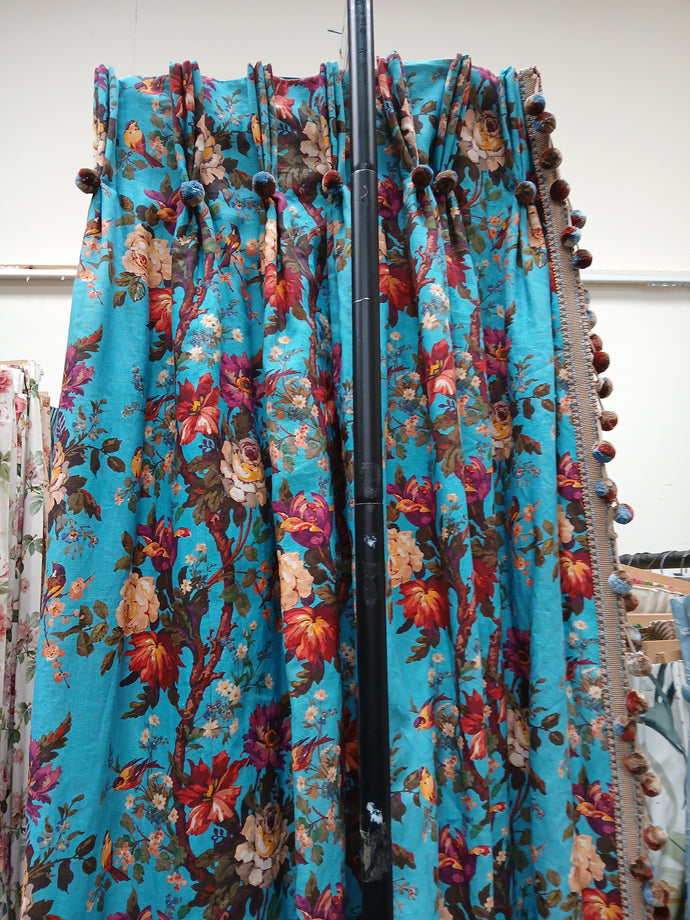 Turquoise b/g with multi coloured florals, lined in gold, 3805a