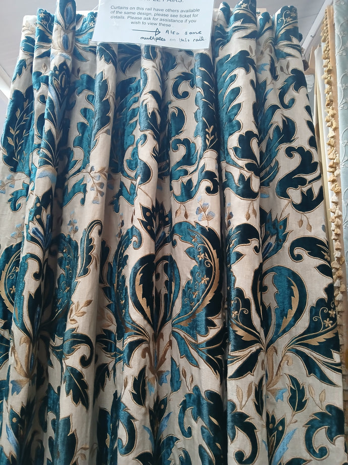 Beige with embosed velvet leaf design in turquoise & gold, lined & I/L, 3812a