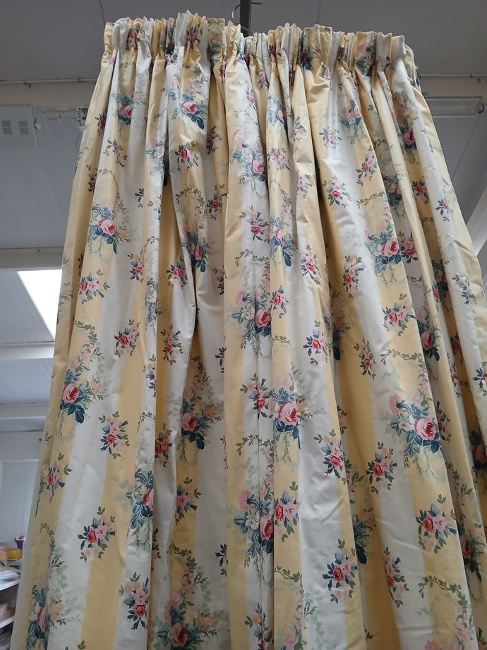 Yellow & white stripe with pink florals, lined & I/L, 3856.
